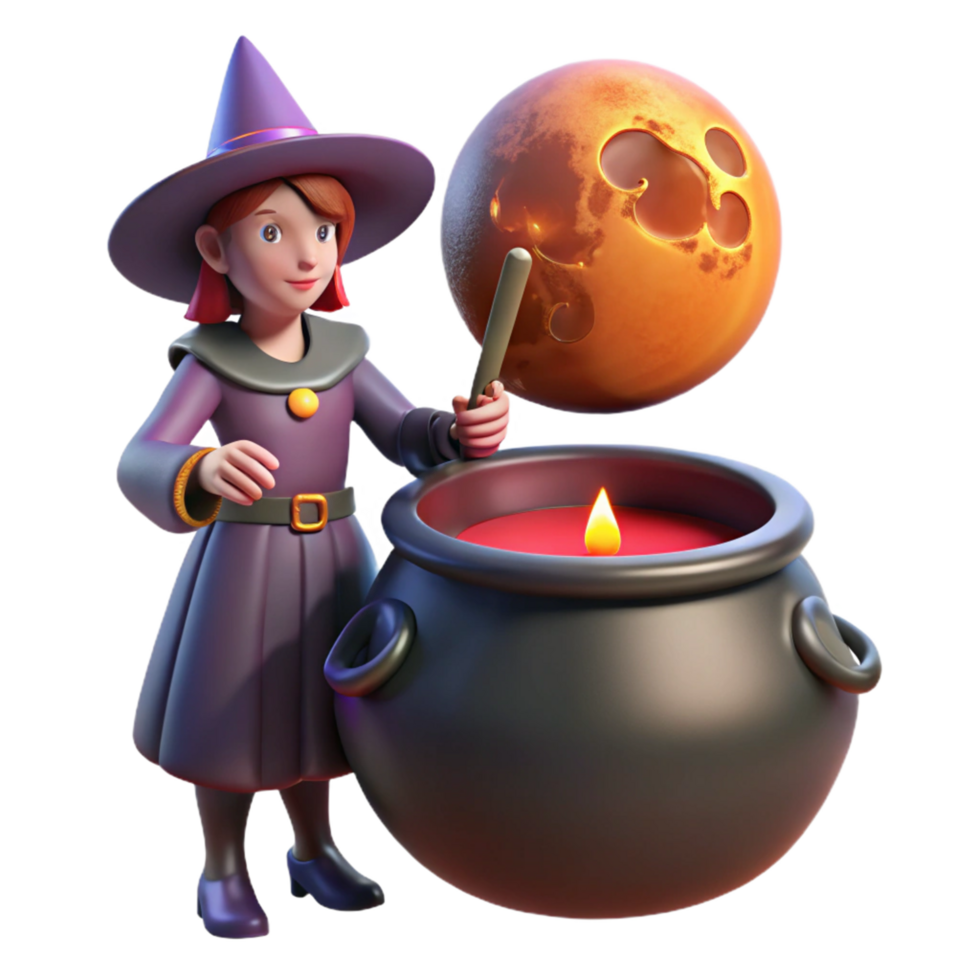 Adorable Witch Brewing Potion with Glowing Orb and Cauldron png