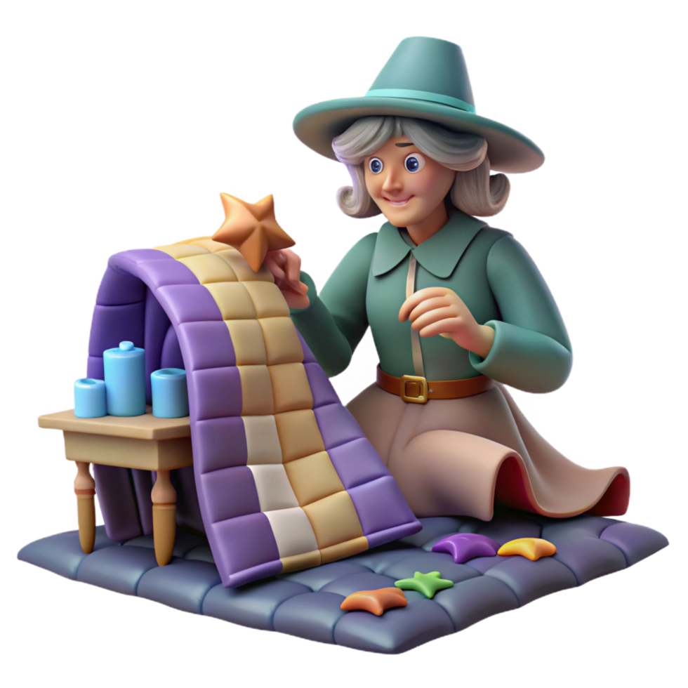 Elderly Woman Arranging Star Shaped Quilt png