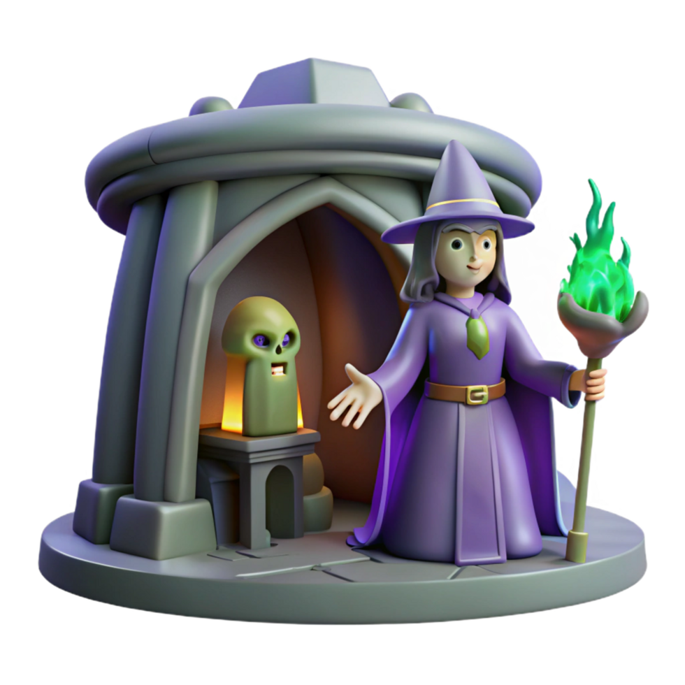 3D Render of a Witch with a Skull and Green Flame Staff in a Stone Structure png