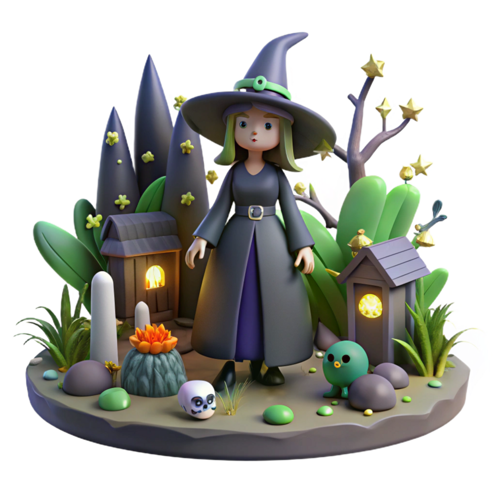 Cute Witch in Halloween Fantasy Garden 3D Render png
