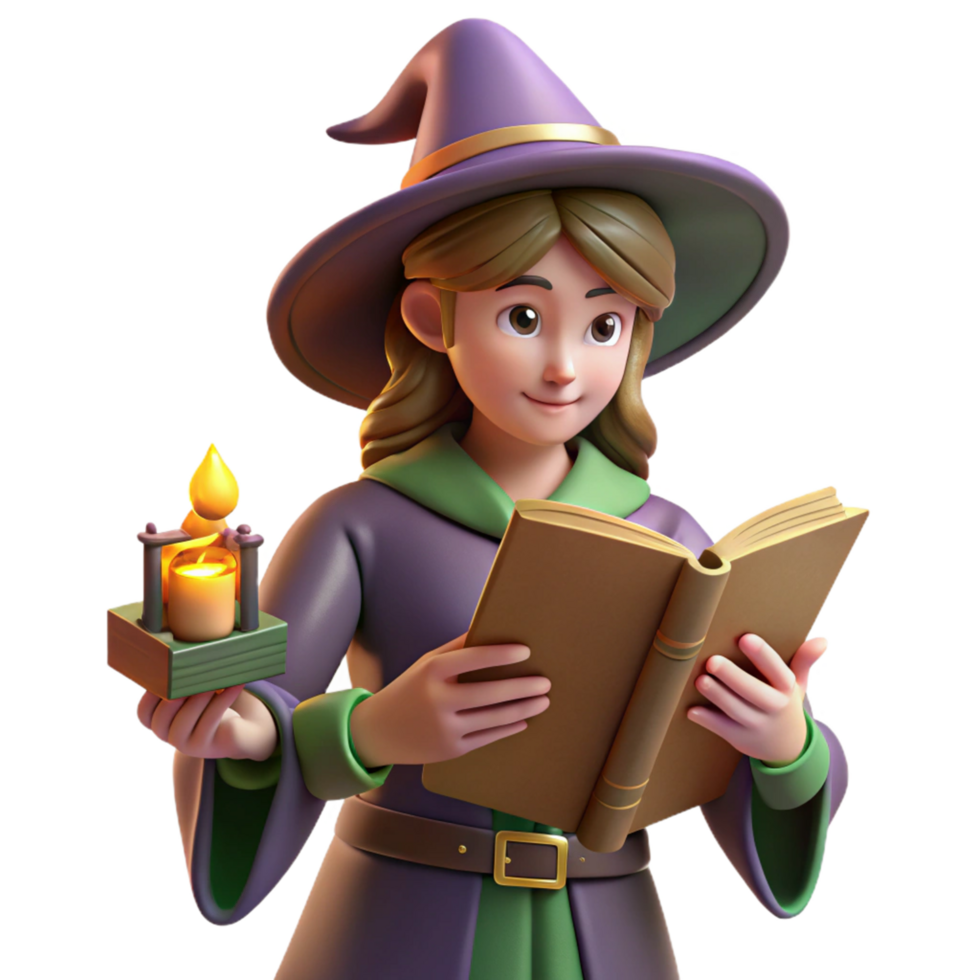 Enchanted Witch Reading Ancient Book with Candlelight png