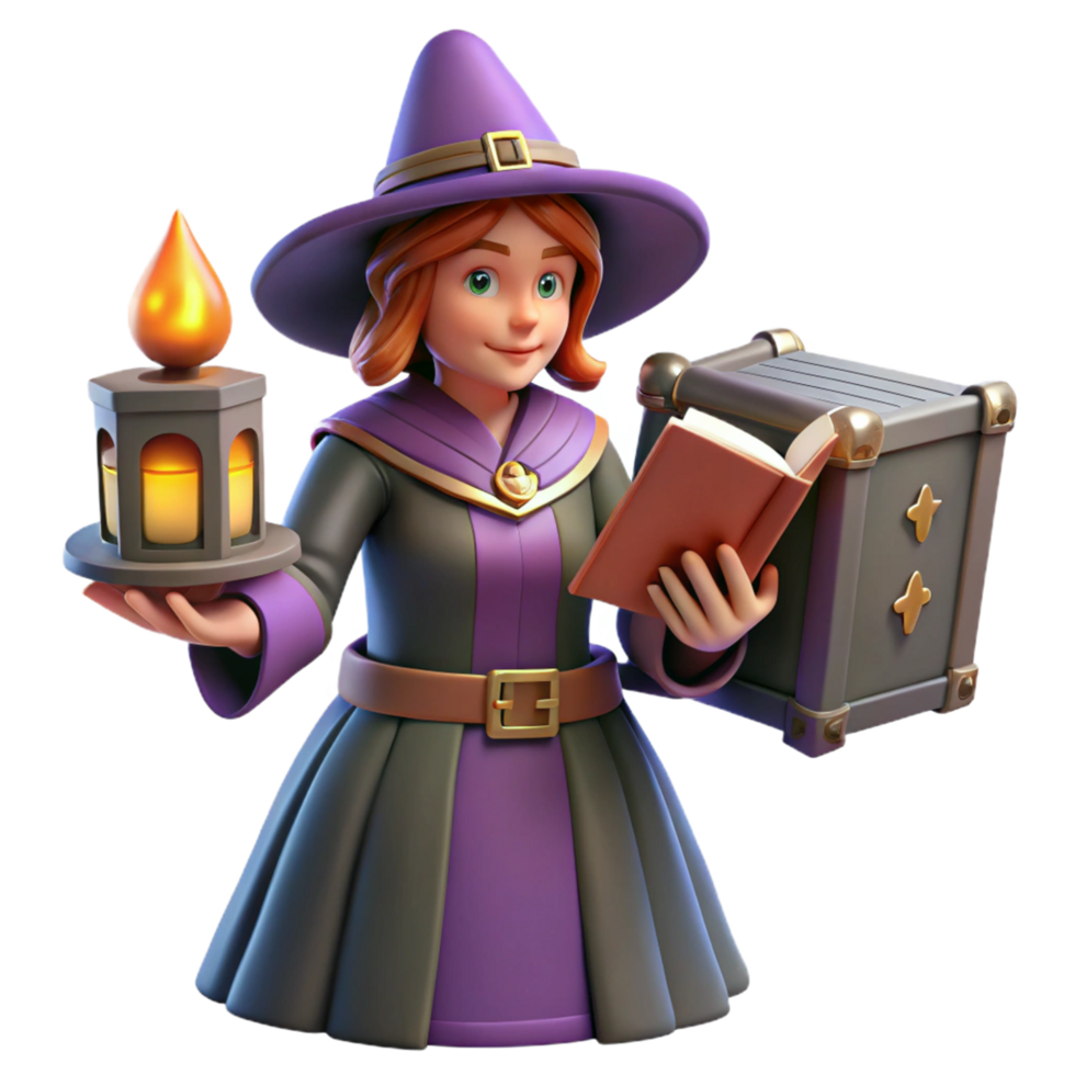 Enchanted Apprentice A 3D Render of a Young Witch with Candle and Grimoire png