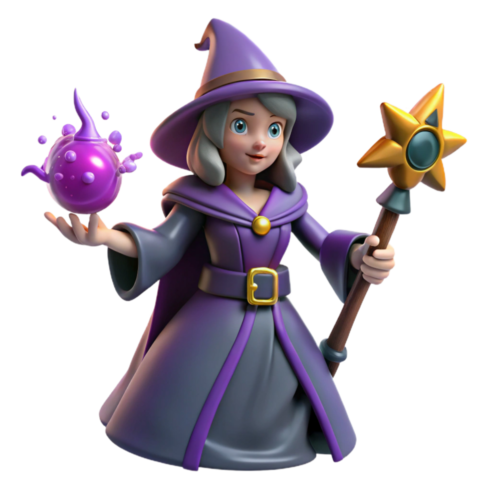 3D Render of a Young Witch with Purple Robe, Magic Wand, and Orb png