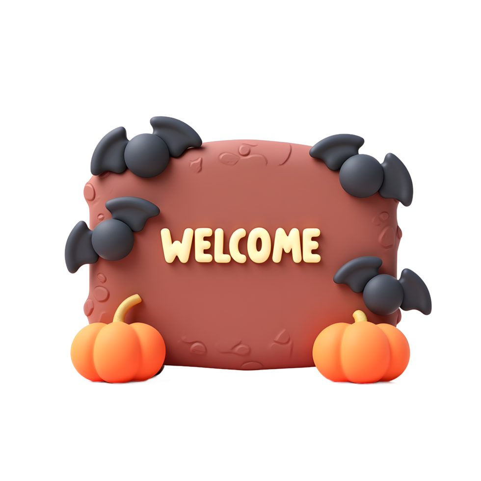 Cute Halloween Welcome Sign 3D Render with Bats and Pumpkins png
