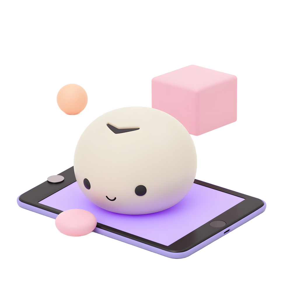 Cute Mochi Character on Phone Screen with Pastel Colors png