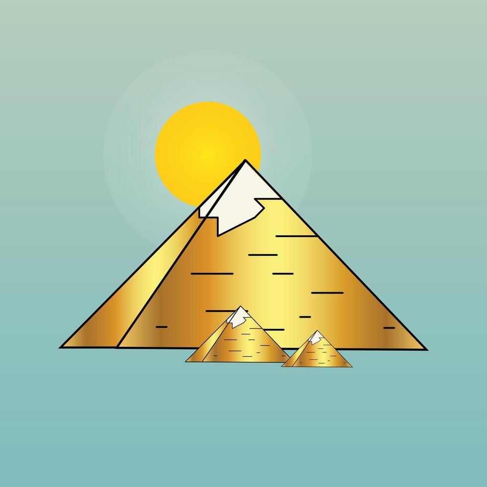 Giza ancient Egyptian pyramids, golden color, sun in background, illustration art vector