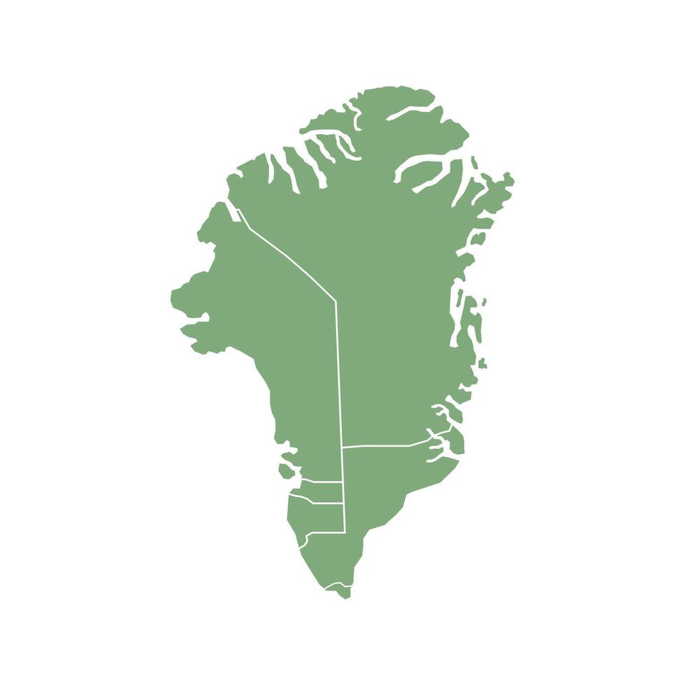 Green map of Greenland divided into states and territories. White flat design isolated on a white background. Highly detailed illustration vector