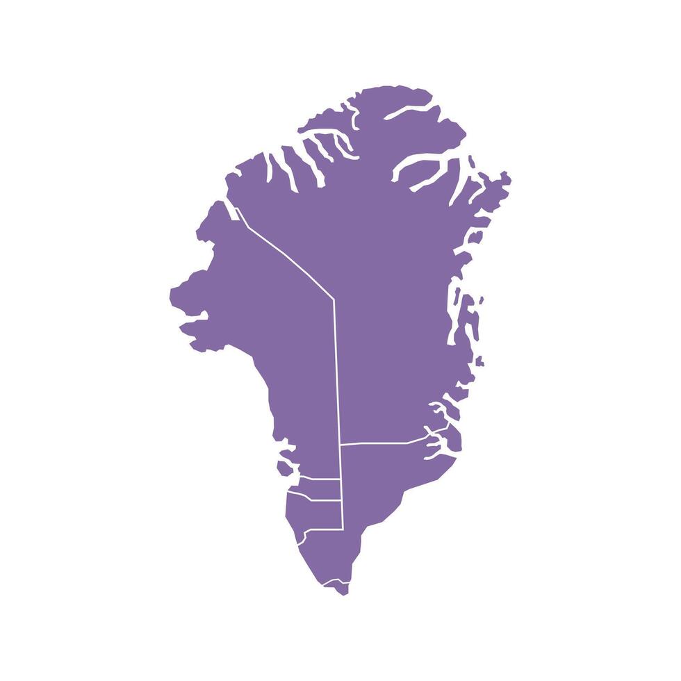 Purple map of Greenland divided into states and territories. White flat design isolated on a white background. Highly detailed illustration vector