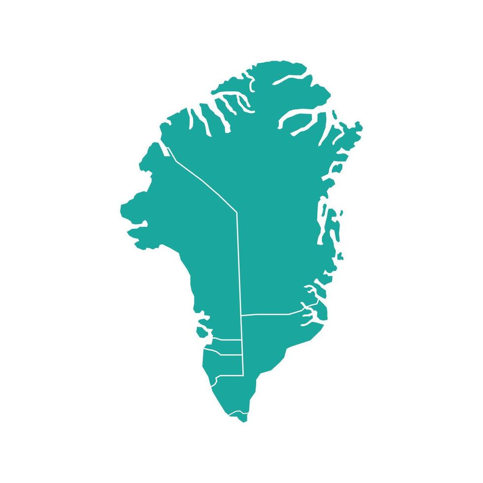 Turquoise map of Greenland divided into states and territories. White flat design isolated on a white background. Highly detailed illustration vector