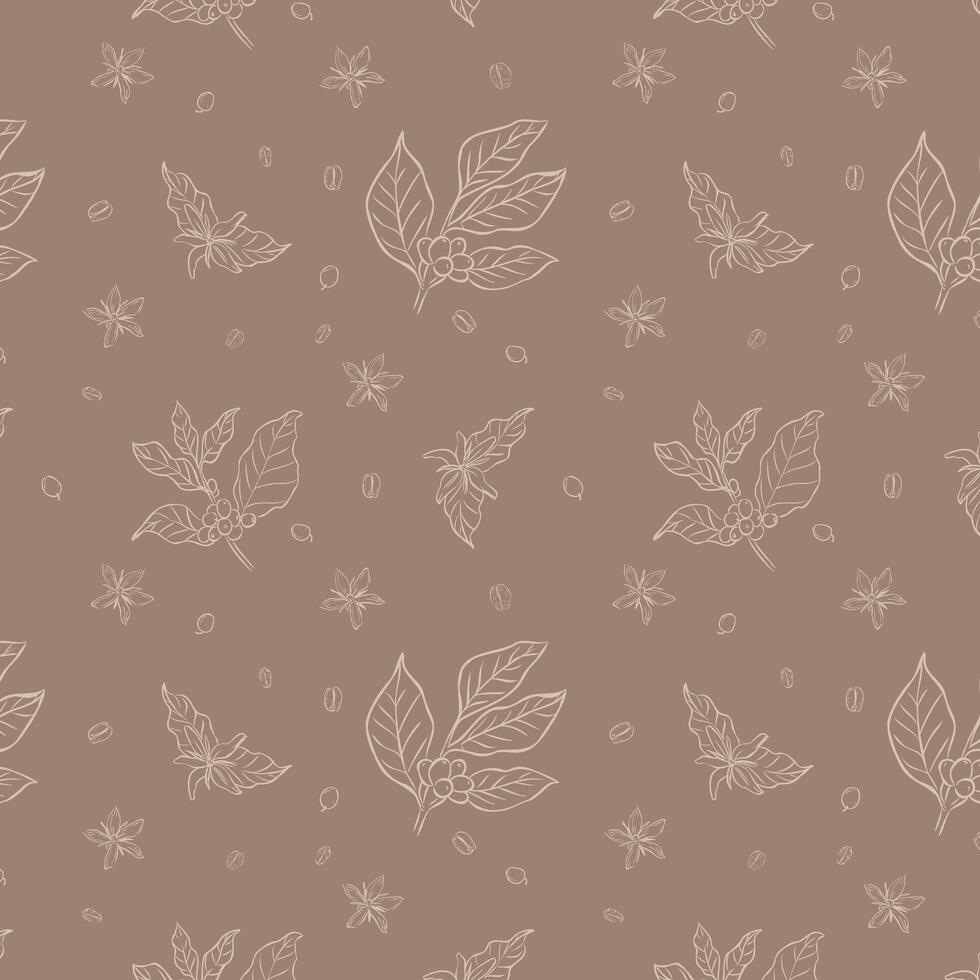 A seamless pattern featuring hand-drawn coffee plant branches, beans, and flowers on a brown background, ideal for packaging, textiles, and wallpapers. vector