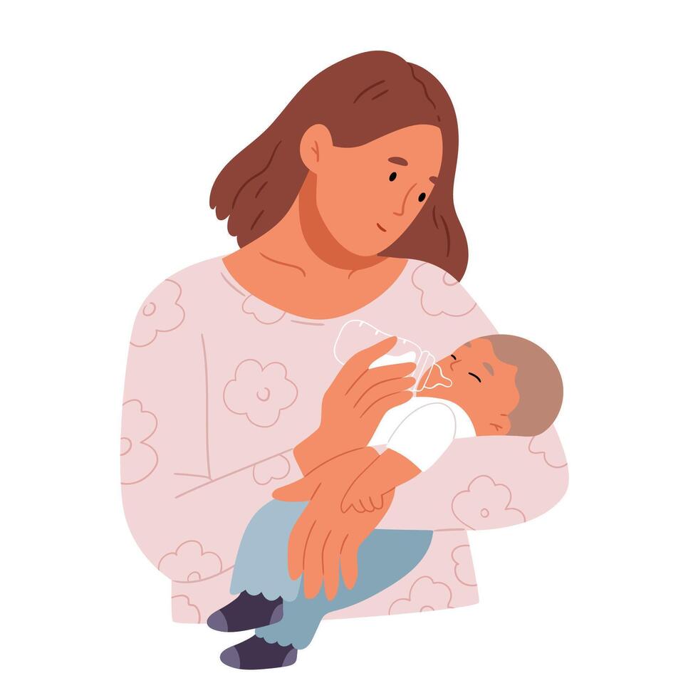 Mother feeds her baby from a bottle.Nutrition concept for newborns. vector