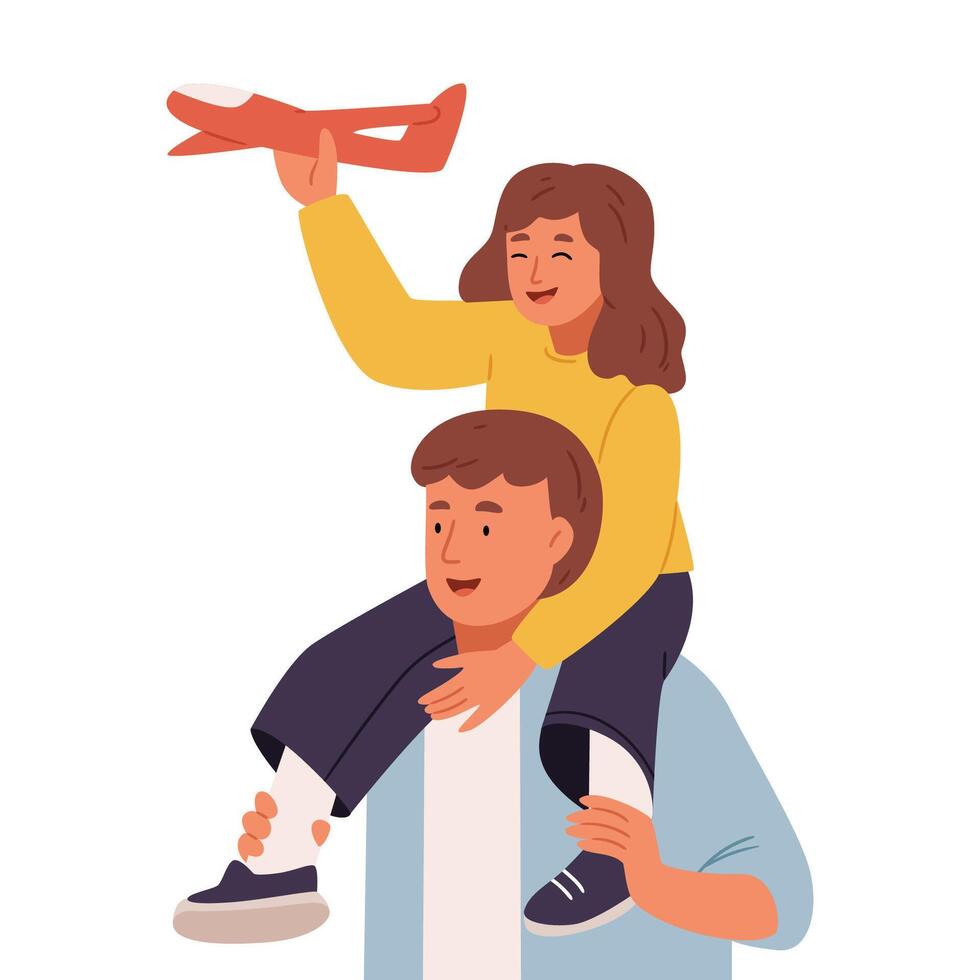A kid girl is holding a plane and sitting on her dad's shoulders. vector