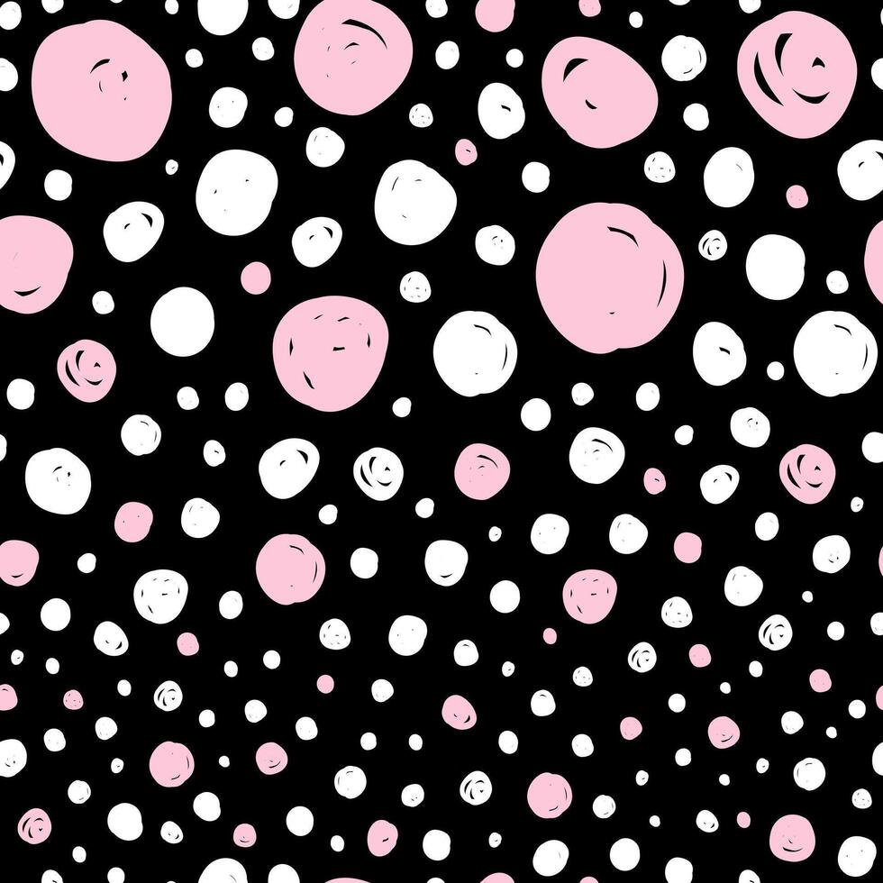 Seamless pattern with abstract dots. Pink and white polka dots on black background. Dotted texture vector