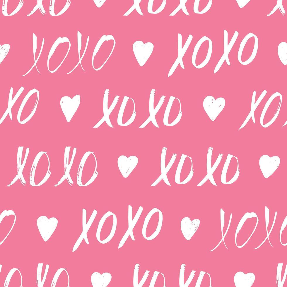 Seamless pattern with XOXO phrase and hearts on pink. Romantic theme. Valentines Day background vector