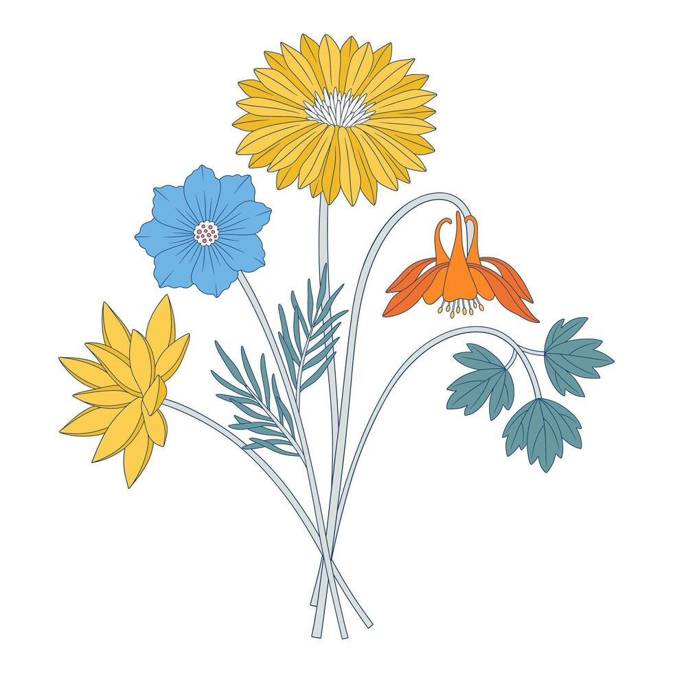 Bright bouquet of wildflowers. Bunch with dahlia, cosmos, aquilegia, different meadow flowers, blooming wild plants, and herbs. Botanical hand-drawn elements for design projects vector