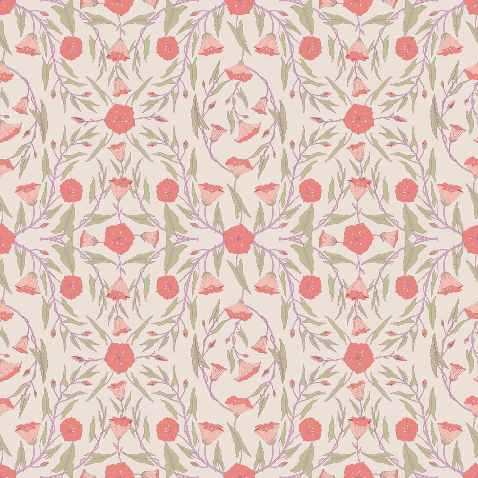 Seamless pattern with branches of convolvulus plant, flowers and leaves. Mosaic repeated motif. Template with morning-glory wildflowers for fashion prints. Light beige background vector