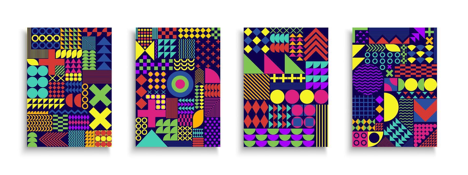 Collection of colorful posters with abstract geometric shapes and symbols. Art creative covers fashion style - retro design 80s-90s. Bright trendy placards, brochures, banners,backgrounds vector