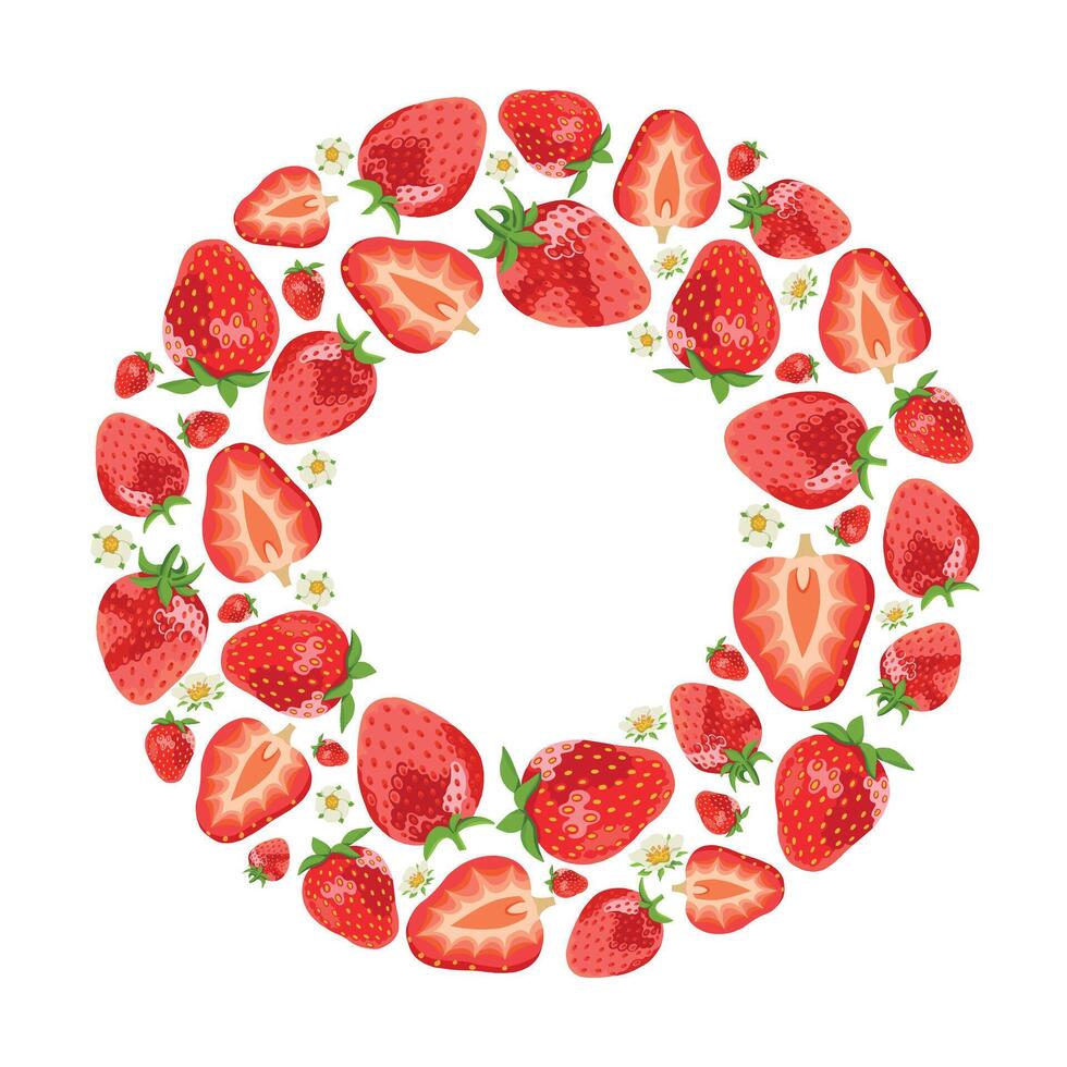 Sweet Strawberries and Half Berries in Wreath Shape Isolated on White Background vector