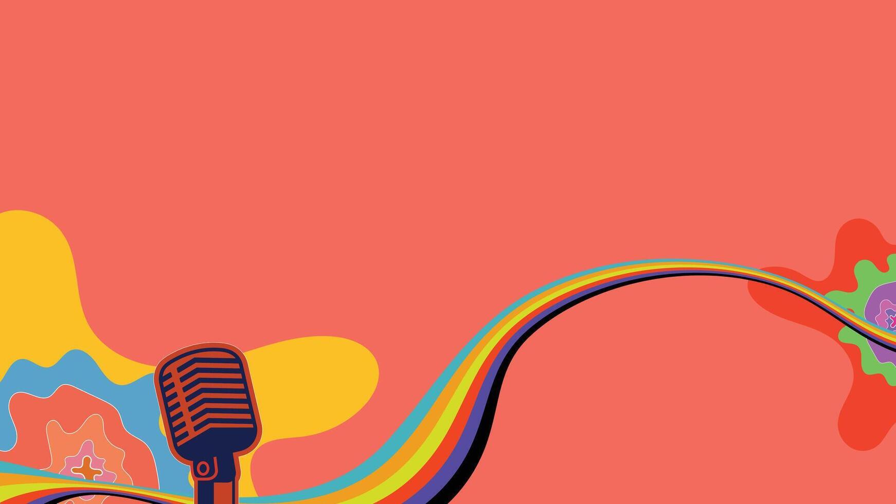 Vintage Microphone with Colorful Sound Waves on Abstract Red Background vector