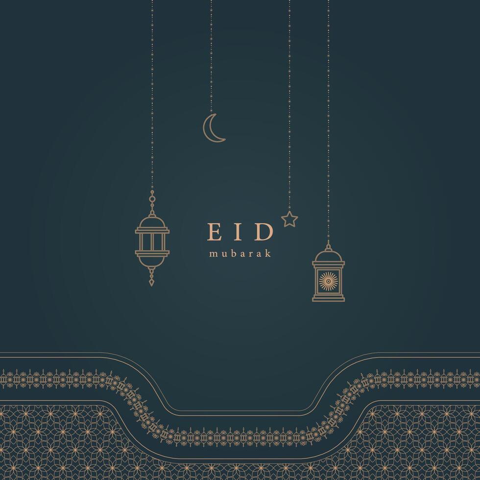 Elegant Eid Mubarak Background with Hanging Lanterns and Islamic Ornament vector