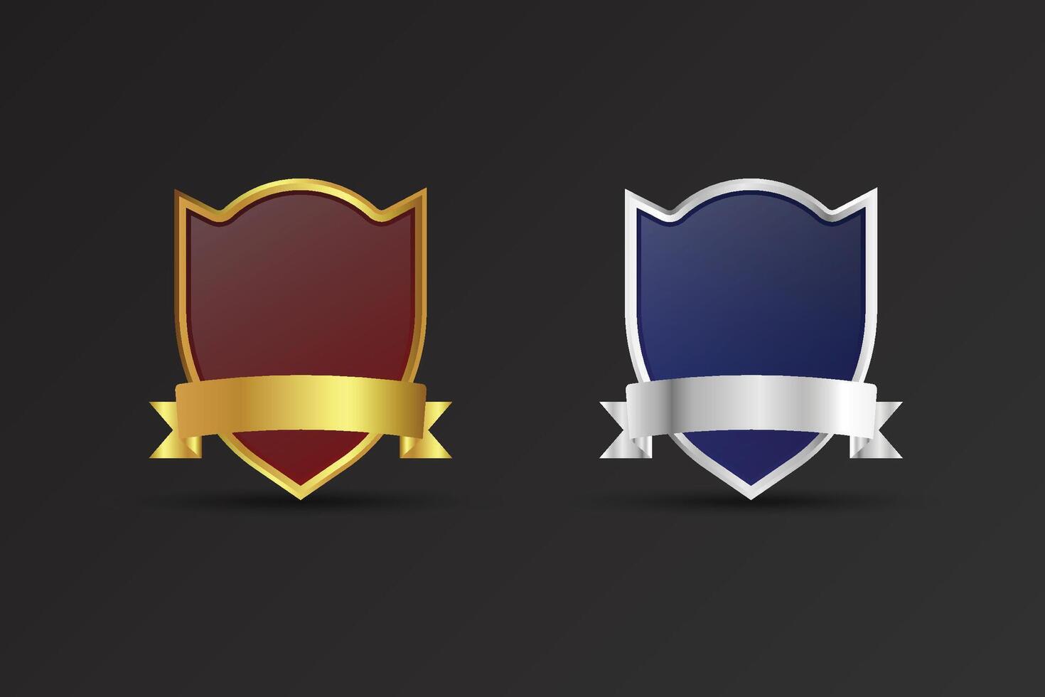 Blank shield and badge element on a dark background. Special police and security badge design. Luxurious golden and silver badge with red and blue colors. Shield with ribbons and text space. vector