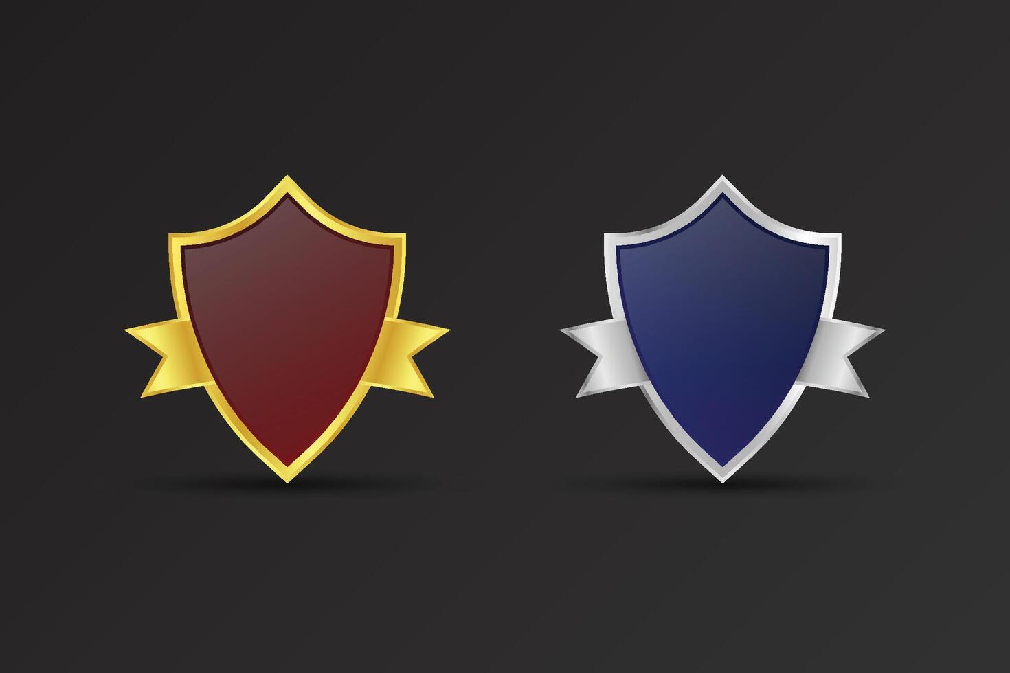 Blank office badge design with golden and silver colors. Luxurious badge with dark red and blue colors. Shield shape for Achievement, Subscriber, and Promotional design with ribbon. vector
