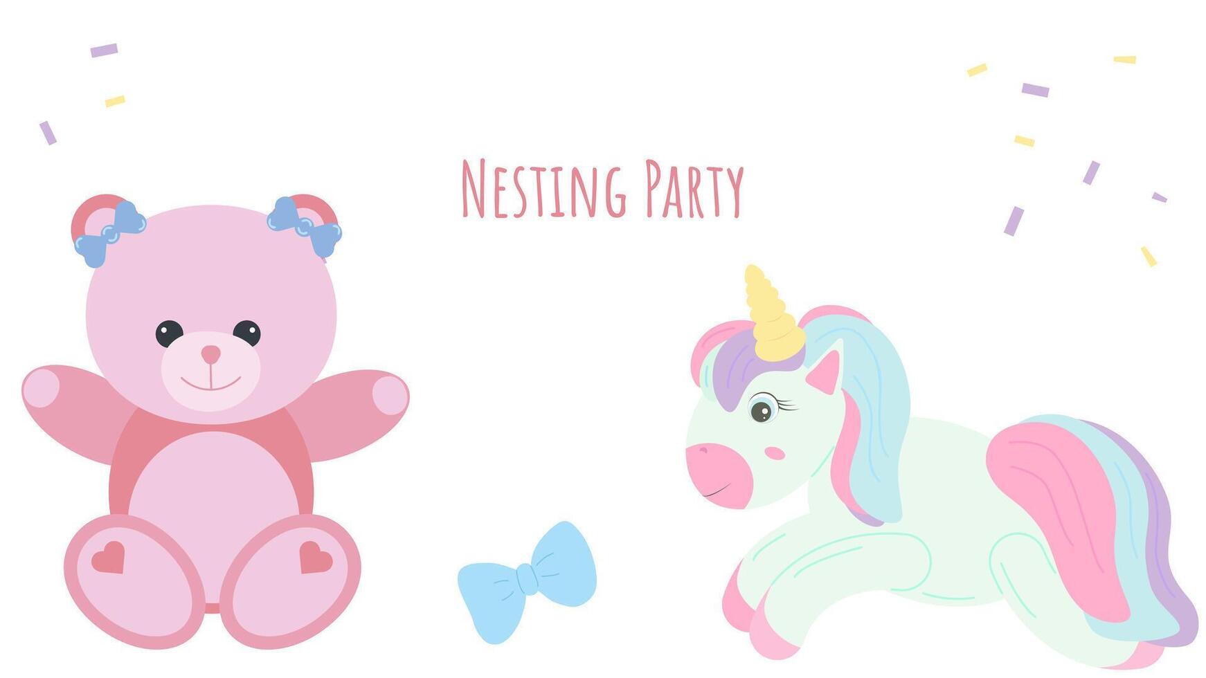 Nesting party banner honor of expectant parents. Pink bear and unicorn. Website poster design in pastel colors. illustration. vector
