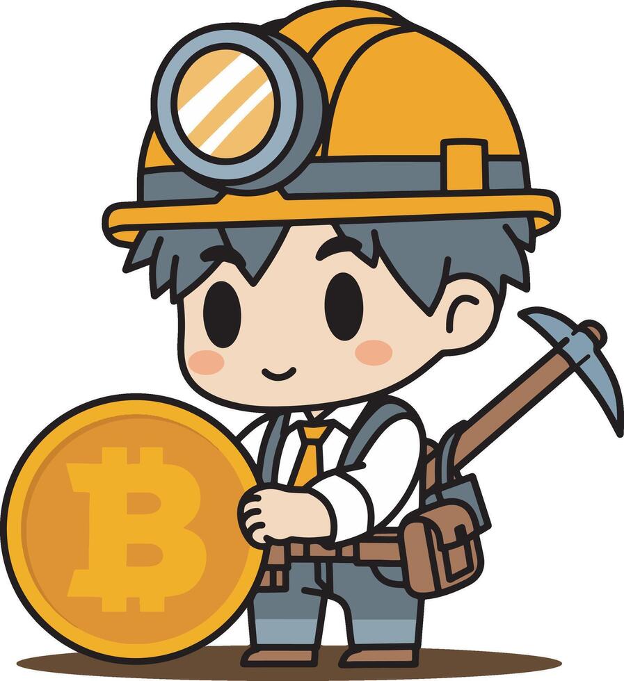 A man mining bitcoin cartoon design art illustration vector