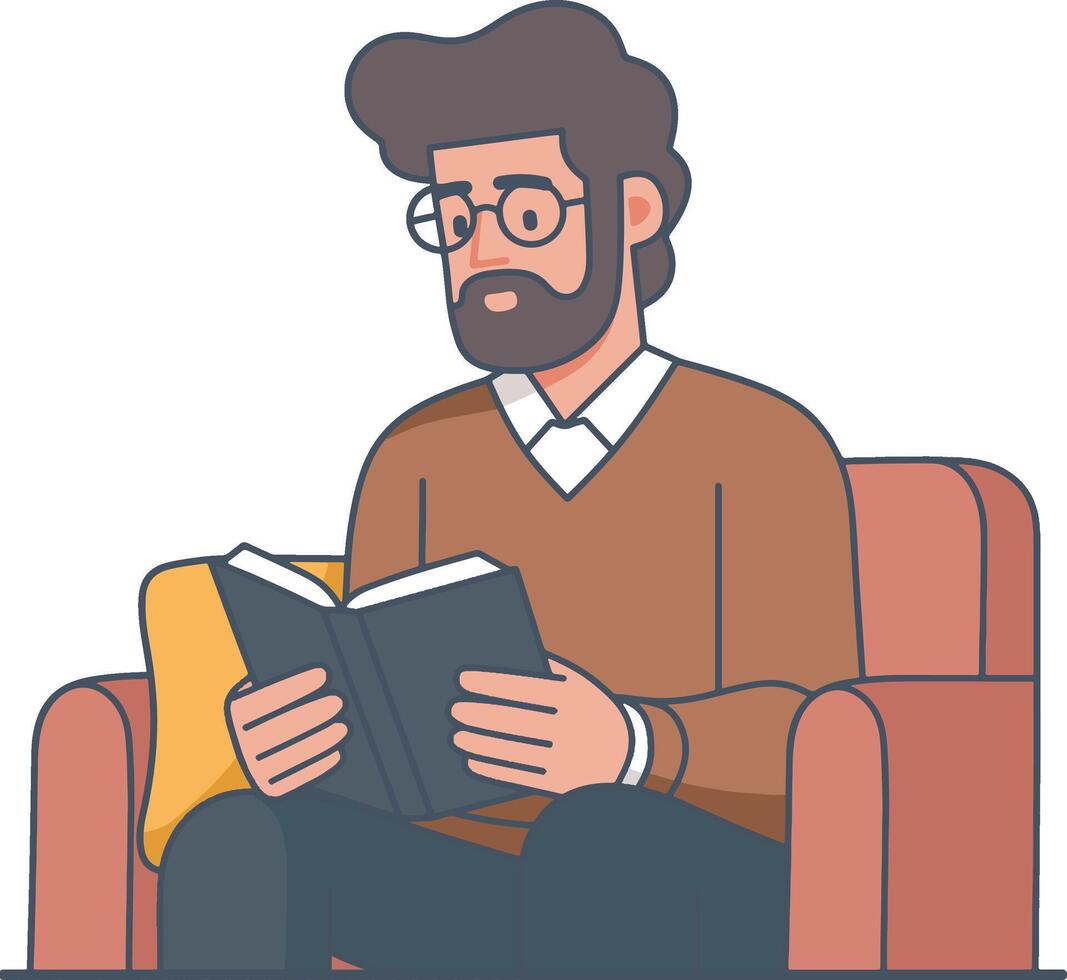 A bearded guy reading book on the red sofa cartoon vector