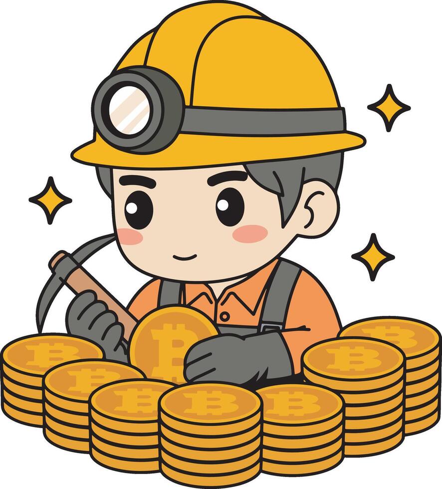 Cute man mining bitcoin cartoon design art illustration vector
