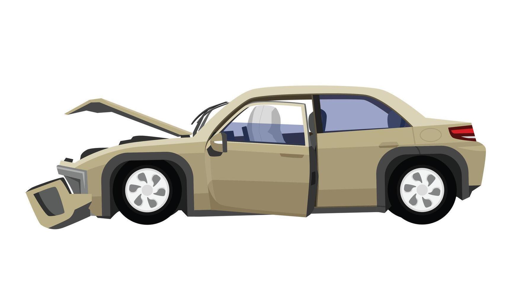 Brown sedan car was severely damaged. Bonnet was distorted. Front bumper has broken apart. Airbags deployed from steering wheel. On isolated white background. vector