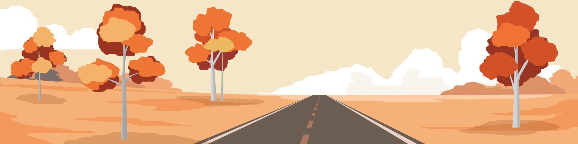 Horizontal view or Landscape of asphalt road with nature two side of road. Environment of grass and leaves in spring. Under evening sky with clouds. vector