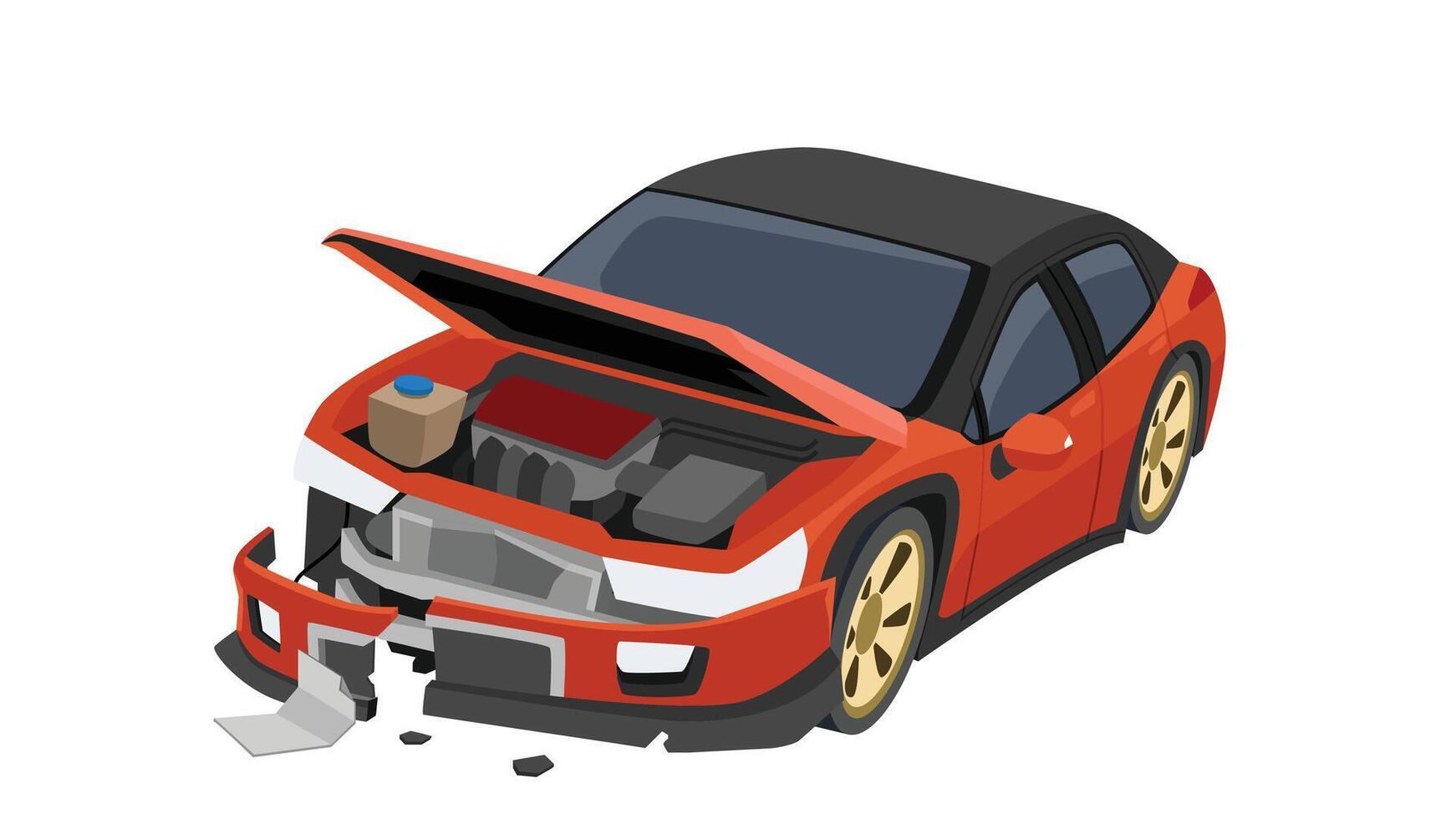 Cartoon accident picture of a passenger car. Bonnet was opened and the front was severely damaged. On isolated white background. vector