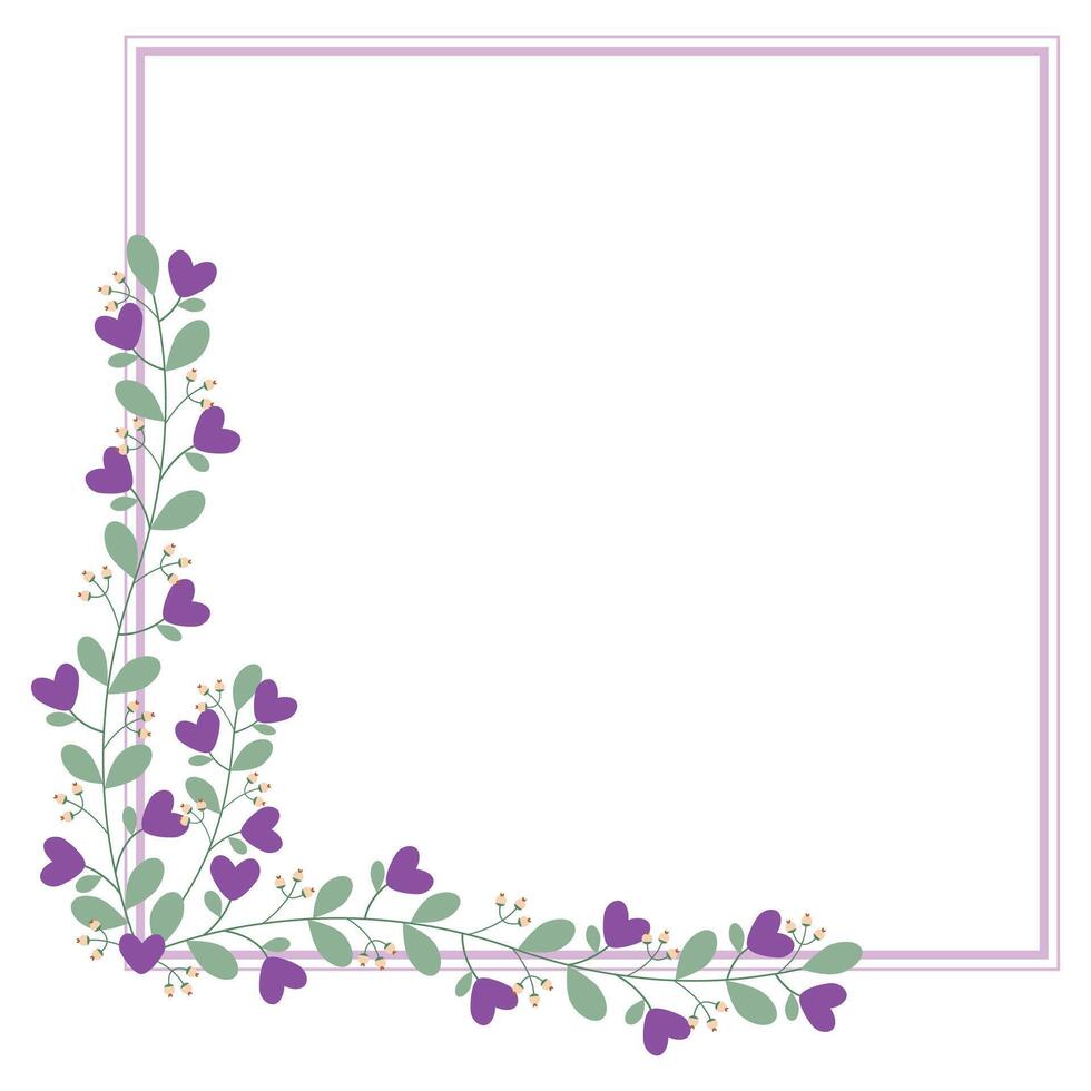 Square Wreath Or Borders Frame With Love Purple Flowers And Green Leaves vector
