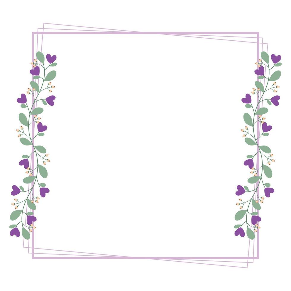 Lovely Square Border Frame With Purple Love Flowers And Green Leaves vector