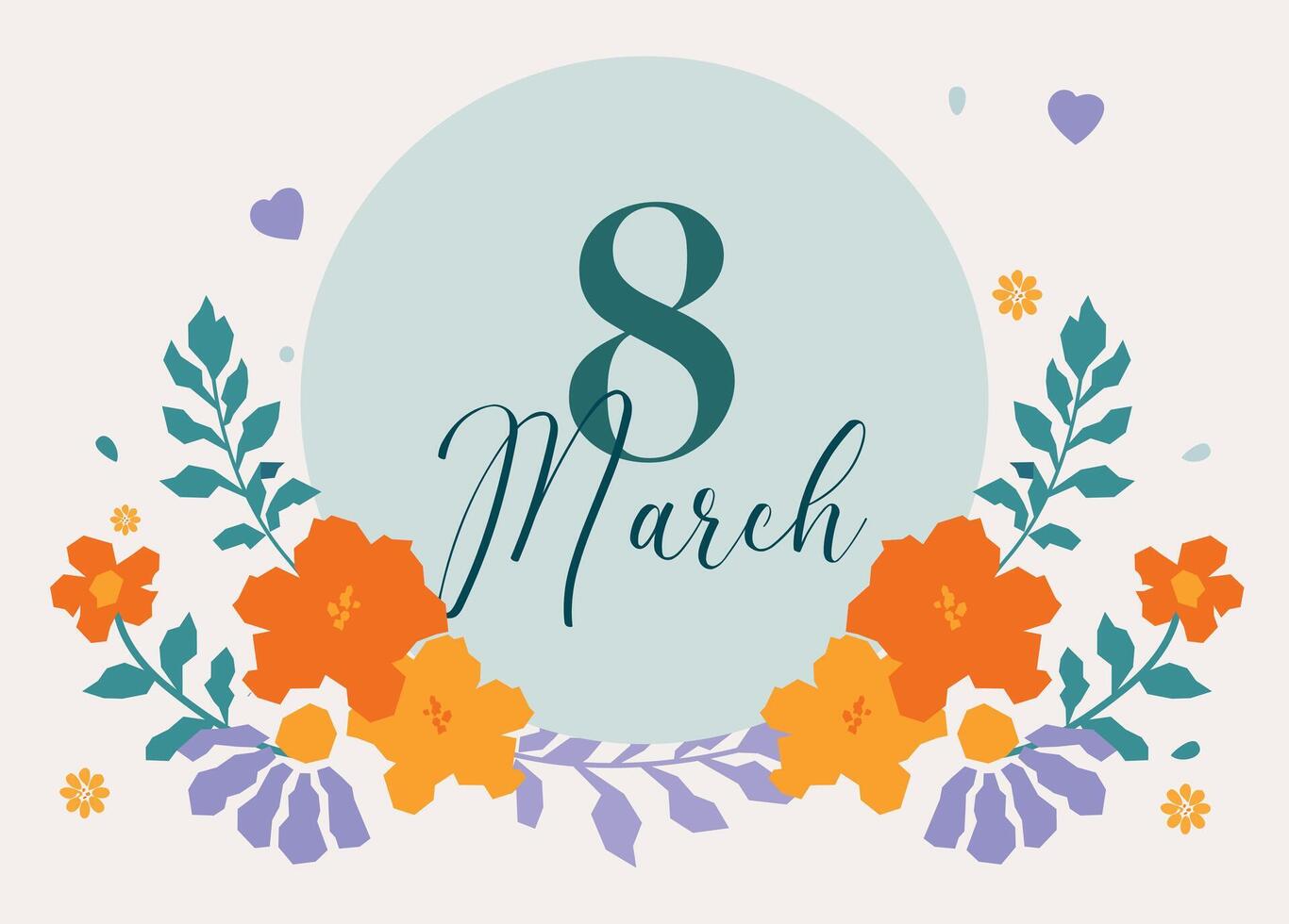 Banner for 8 March featuring a floral arrangement with decorative flowers and ornamental elements surrounding the text on a light background. vector