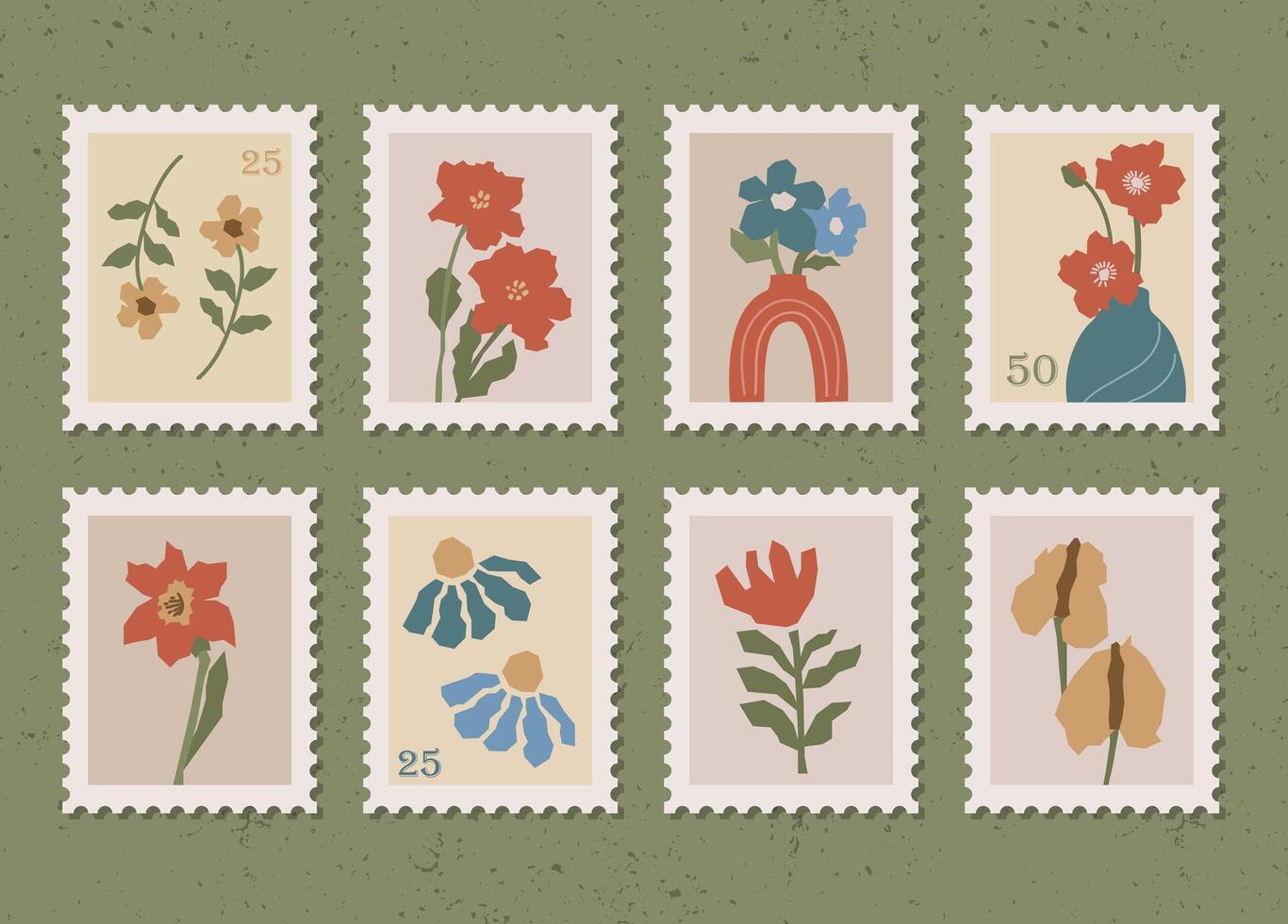 Set of eight vintage postage stamps featuring abstract floral illustrations with various flowers, stems, and leaves on a textured green background in vintage style. vector