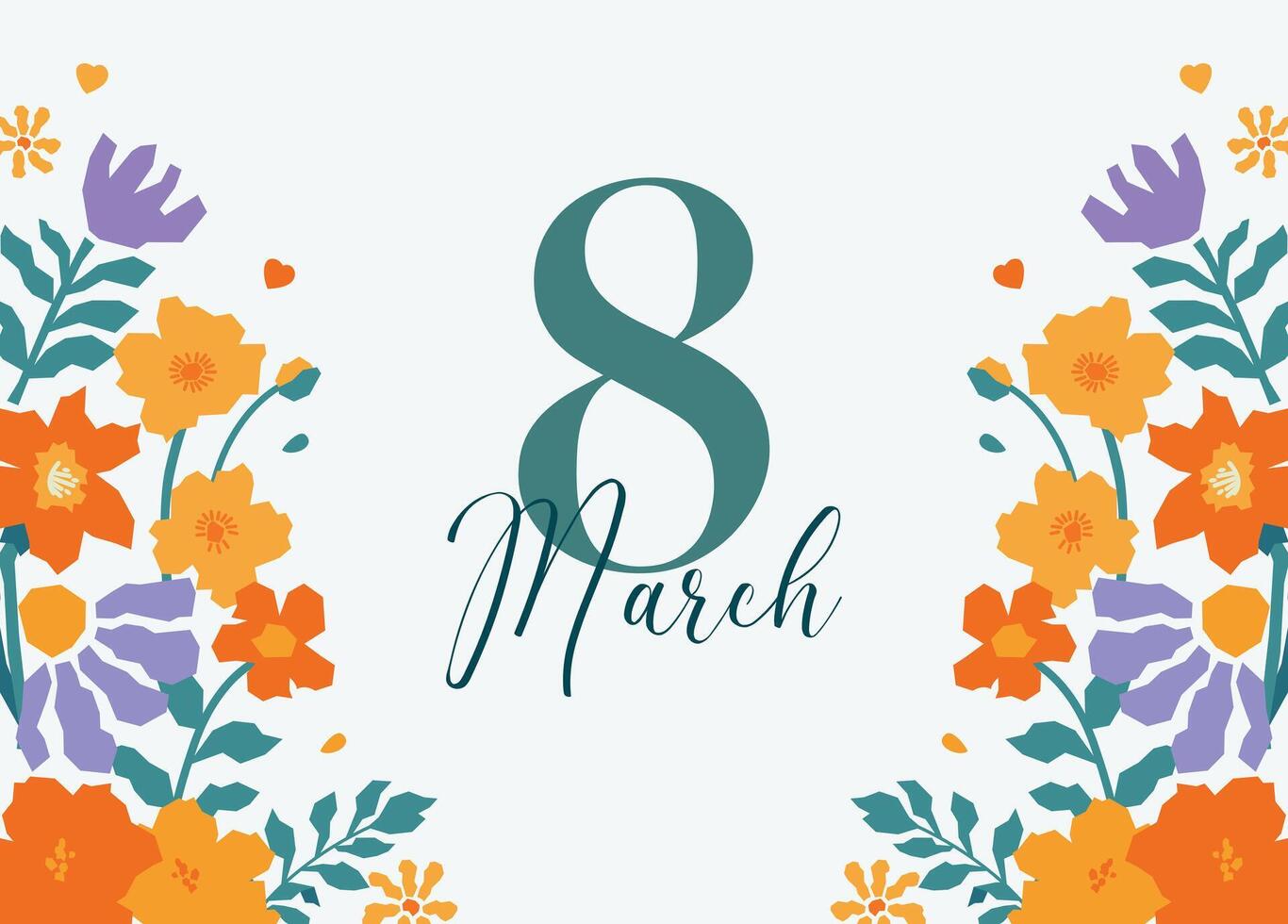 Banner for 8 March featuring a symmetrical floral arrangement framing elegant typography on a light background. vector