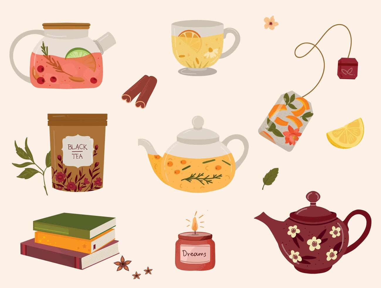 Set of teapots, and cups with fruits, lemon, and herbal tea. Cartoon hot drinks vector