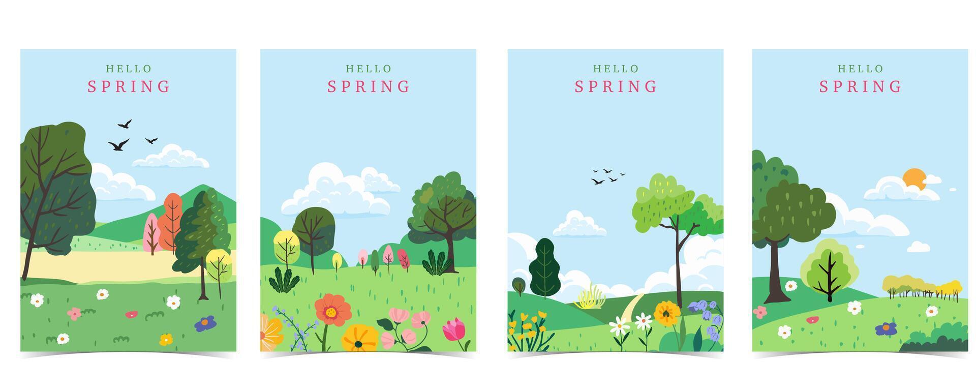 Spring landscape background template with mountain and tree for a4 vertical design vector