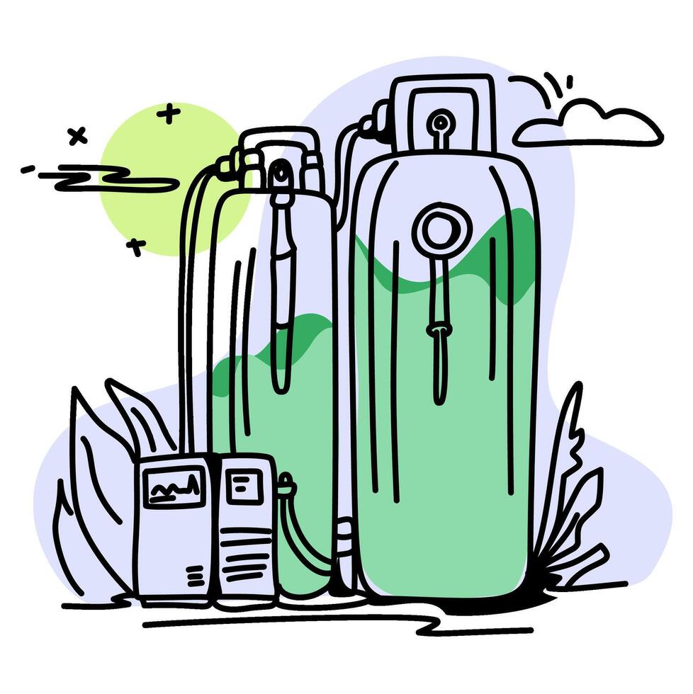 illustration highlighting the potential of hydrogen fuel cells as a clean energy source, with a sun and natural elements in the background. Perfect for educational materials, presentations vector