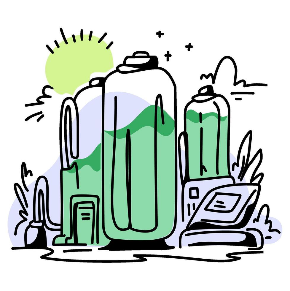 illustration showcasing a hydrogen fuel cell as a sustainable energy solution, with a sun and natural elements in the background. Ideal for educational materials, presentations vector