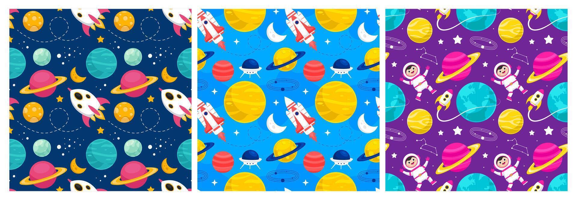 Playful Space Travel Seamless Pattern with Rockets, Meteors, and Cartoon Stars vector