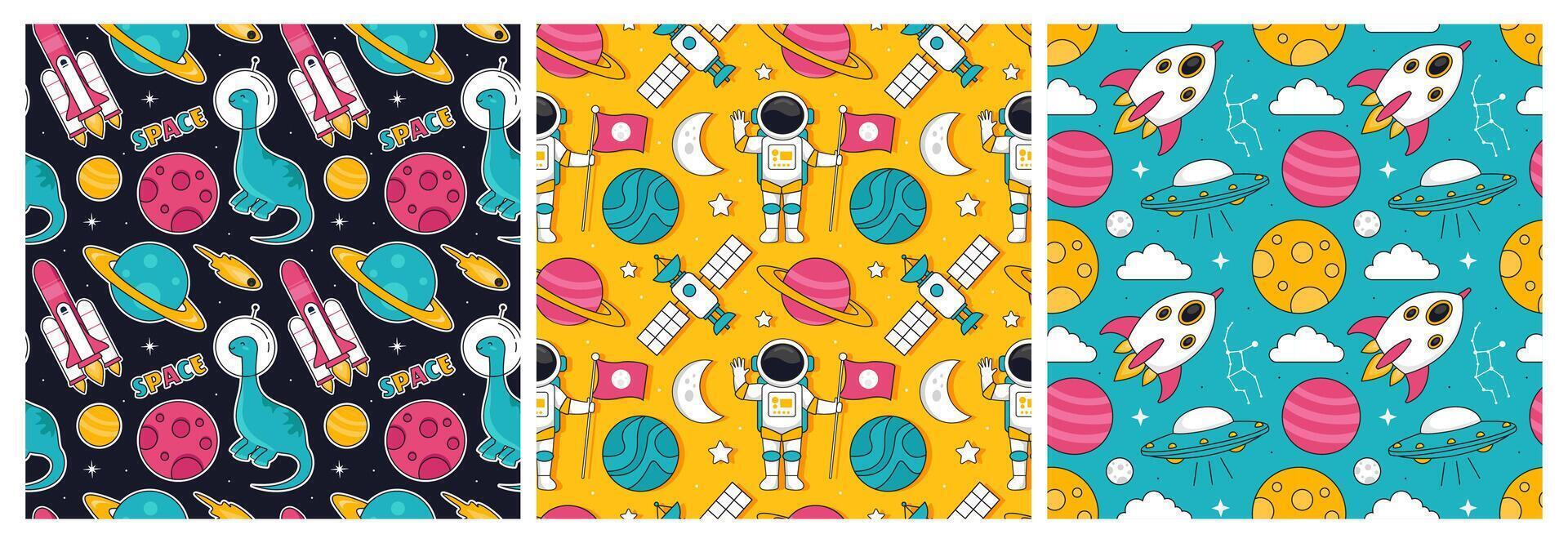 Cartoon Space Journey Seamless Pattern Featuring Rockets, Planets, and Moons vector