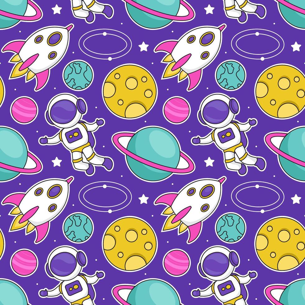 Seamless Sci-Fi Space Pattern Featuring Spaceships, Stars, and Moons in Cartoon Style vector