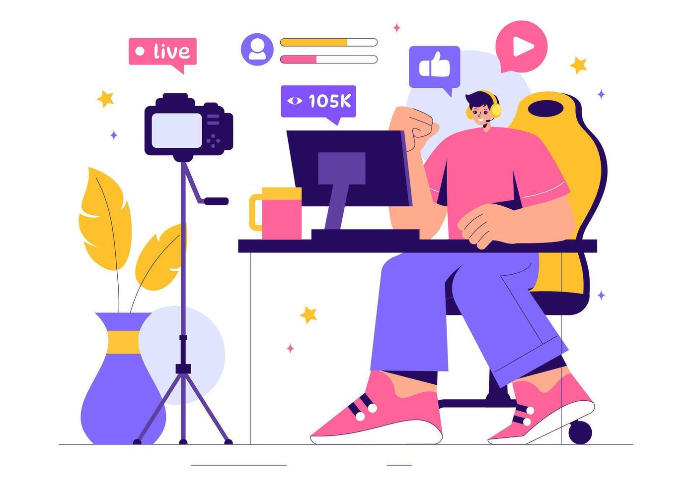 Cartoon Illustration of a Game Streamer Playing Online and Broadcasting Live on a Gaming Platform vector