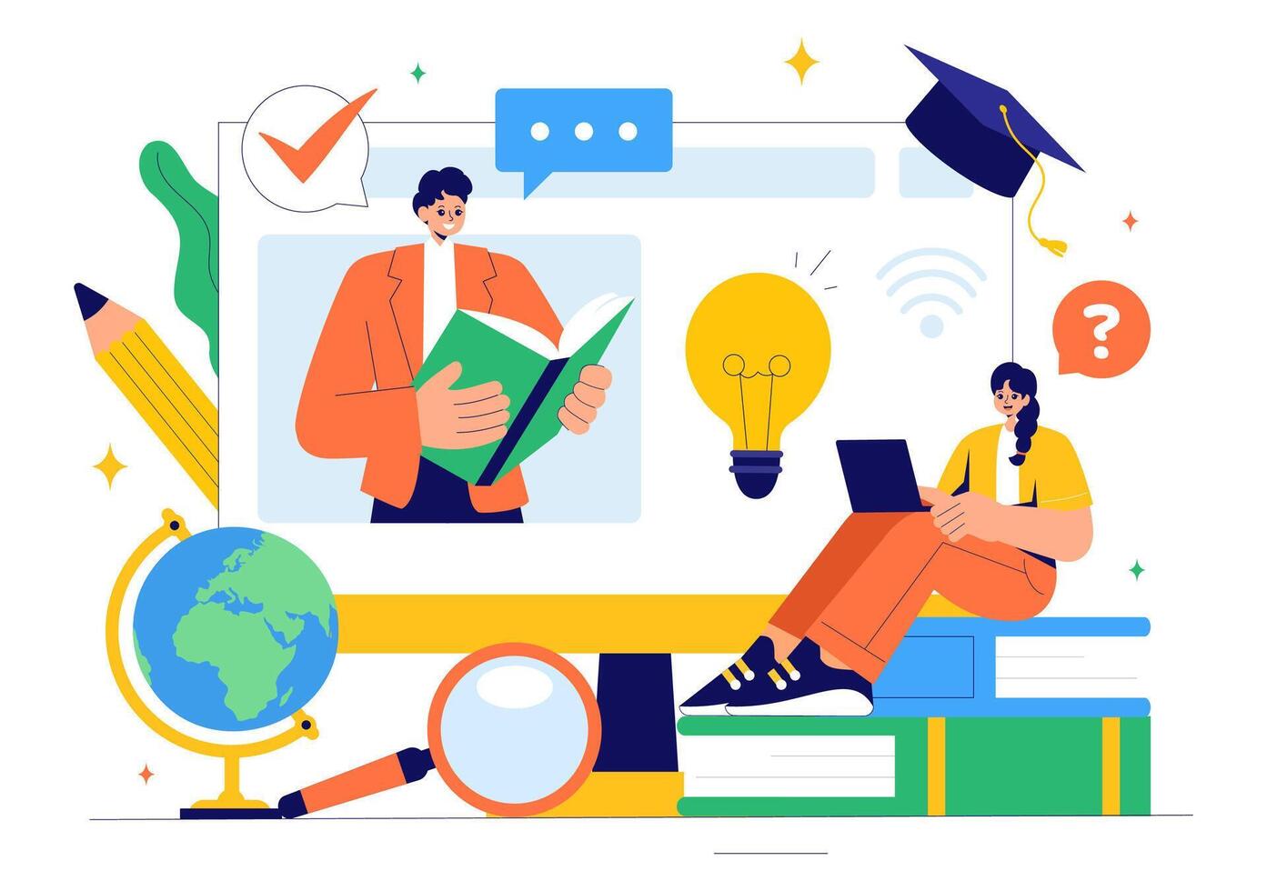 Distance Learning and Online Courses Illustration Featuring Students and Study Materials vector