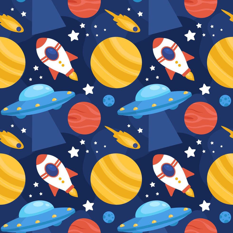 Seamless Starry Sky Exploration Pattern Featuring Rockets, Satellites, and Planets vector