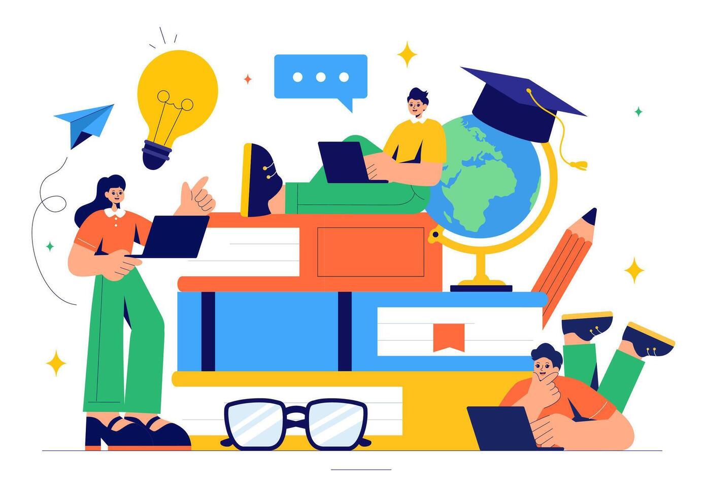 Online Study and Virtual Classroom Illustration with Knowledge Books and Learning Tools vector