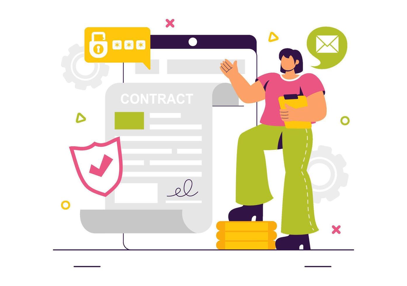 Secure Digital Contract Illustration with Blockchain Technology and Electronic Signature vector